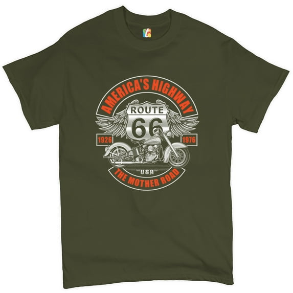 Tee Hunt America's Highway The Mother Road T-shirt Route 66 Biker Motorcycle Men's Tee, Military Green, XX-Large