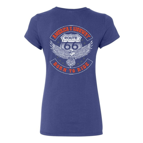 Tee Hunt America's Highway Women's T-Shirt Born to Ride Route 66 Biker MC Chopper Shirt, Blue, Large