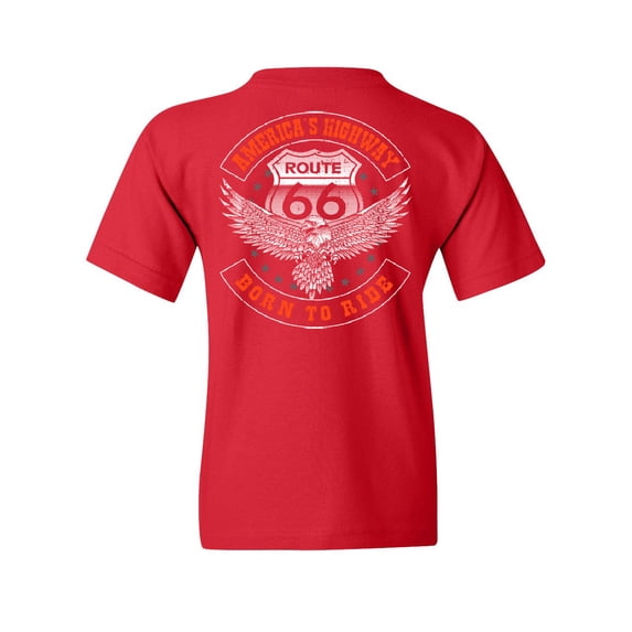 Tee Hunt America's Highway Youth T-Shirt Born to Ride Route 66 Biker MC Chopper, Red, X-Large