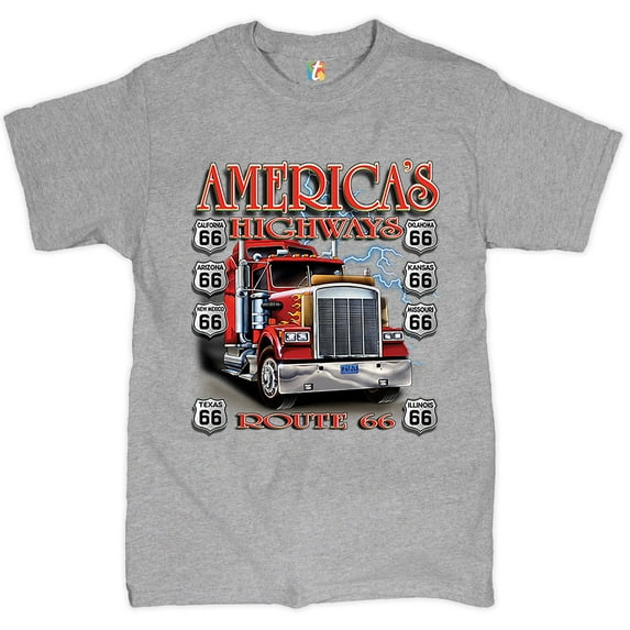 Tee Hunt America's Highways Route 66 T-Shirt Truck Driver Mechanic Teamster Men's Tee, Gray, 5X-Large
