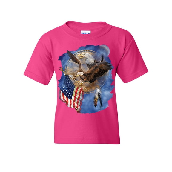 Tee Hunt American Bald Eagle Holding a Flag Youth T-Shirt Patriot Dreamcatcher Kids Tee, Pink, Medium