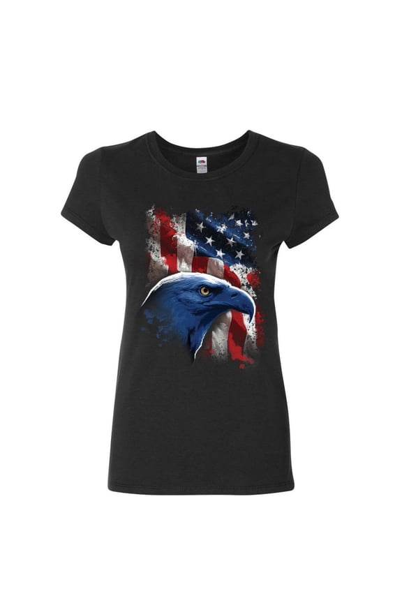 American Bald Eagle Women's T-Shirt American Flag 4th of July Patriotic Shirt, Black, Medium