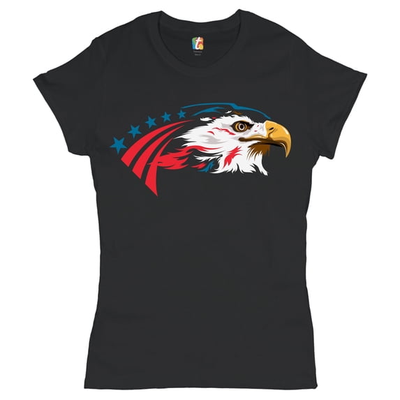 Tee Hunt American Bald Eagle Women's T-Shirt Novelty T-Shirt 4th of July Stars and Stripes Tee, Black, Medium