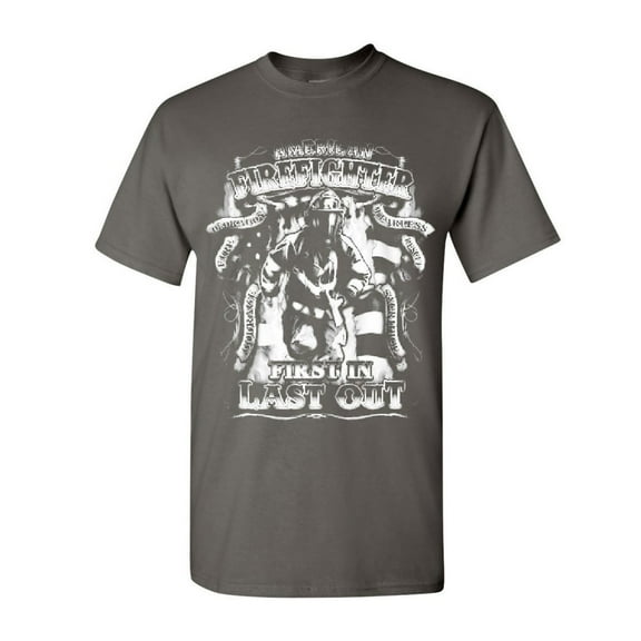 Tee Hunt American Firefighter First in Last Out T-Shirt Fire Rescue Shirt, Charcoal, XX-Large