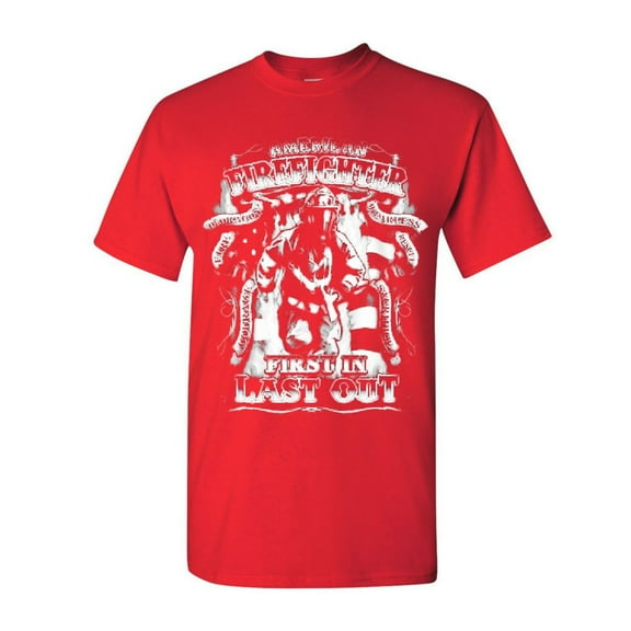 Tee Hunt American Firefighter First in Last Out T-Shirt Fire Rescue Shirt, Red, Large