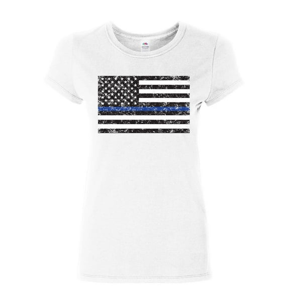 Tee Hunt American Flag Thin Blue Line Women's T-Shirt Police USA Law Enforcement Shirt, White, X-Large