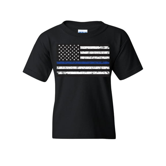 Tee Hunt American Flag Thin Blue Line Youth T-Shirt Police USA Law Enforcement Kids Tee, Black, Large