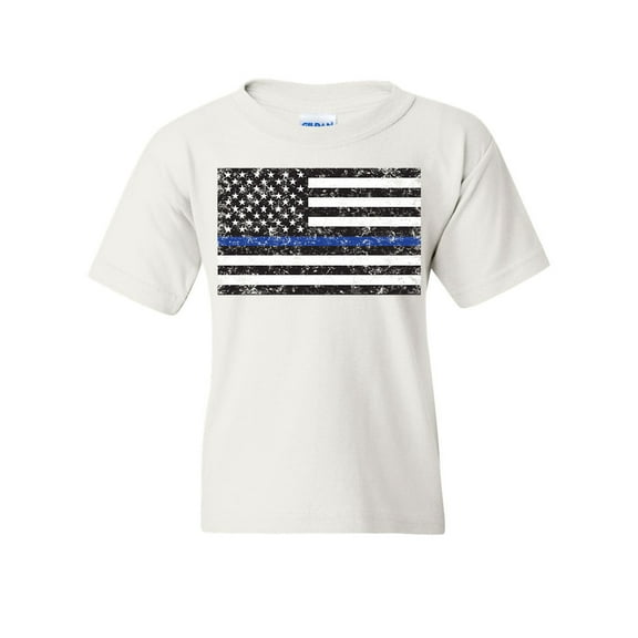 Tee Hunt American Flag Thin Blue Line Youth T-Shirt Police USA Law Enforcement Kids Tee, White, Medium