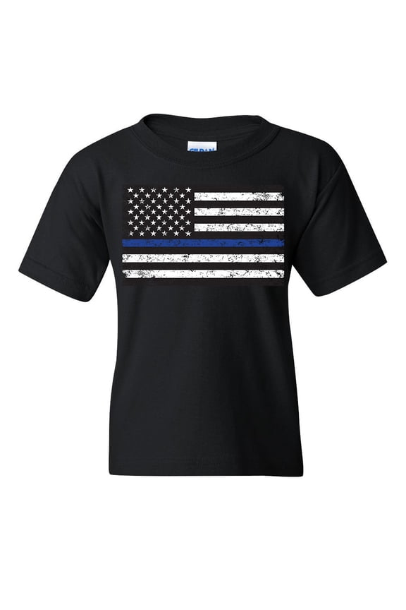 American Flag Thin Blue Line Youth T-Shirt Police USA Law Enforcement Kids Tee