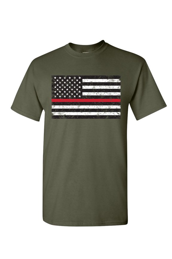 American Flag Thin Line T-Shirt Firefighter First Responder Mens Shirt, Military Green, Small