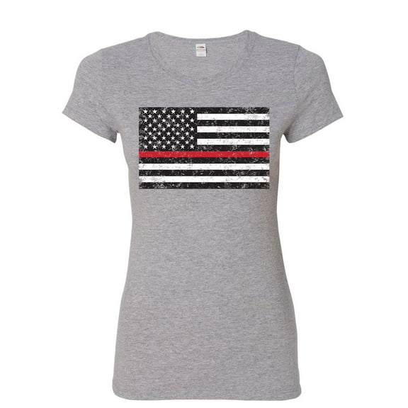 Tee Hunt American Flag Thin Line Women's T-Shirt Firefighter First Responder Shirt, Gray, Large