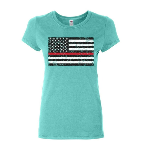 Tee Hunt American Flag Thin Line Women's T-Shirt Firefighter First Responder Shirt, Light Blue, X-Large