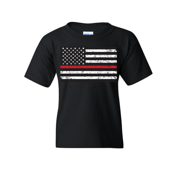 Tee Hunt American Flag Thin Red Line Youth T-Shirt Firefighter First Responder Kids Tee, Black, Small