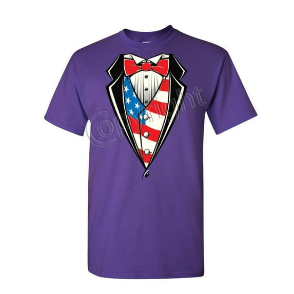 Tee Hunt American Flag Tuxedo T-Shirt Funny 4th of July Stars and Stripes Mens Shirt, Purple, X-Large