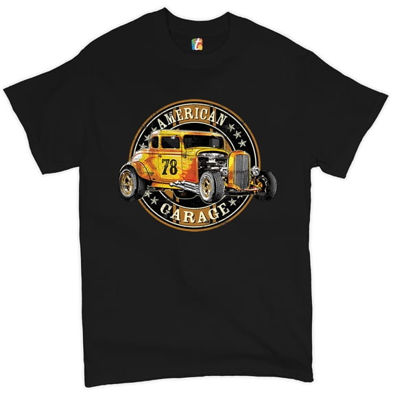 Tee Hunt American Garage T-Shirt Retro Hot Rod Vintage American Muscle Men's Tee, Black, X-Large