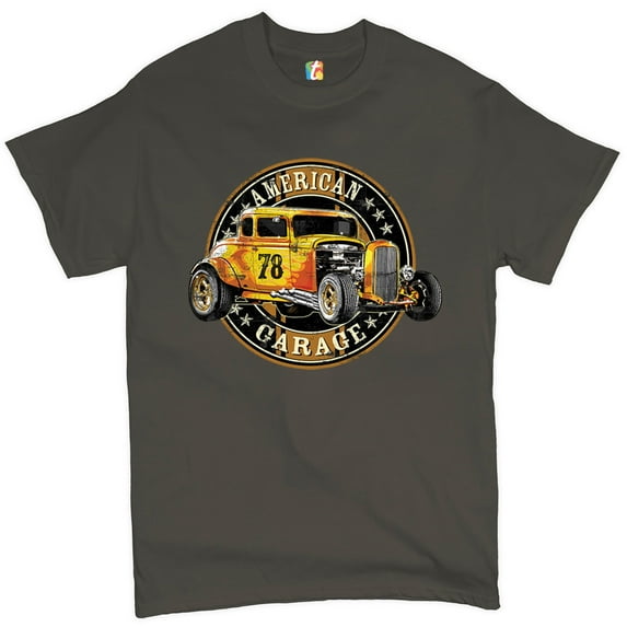 Tee Hunt American Garage T-Shirt Retro Hot Rod Vintage American Muscle Men's Tee, Charcoal, XX-Large