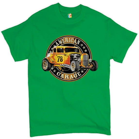 Tee Hunt American Garage T-Shirt Retro Hot Rod Vintage American Muscle Men's Tee, Green, Small