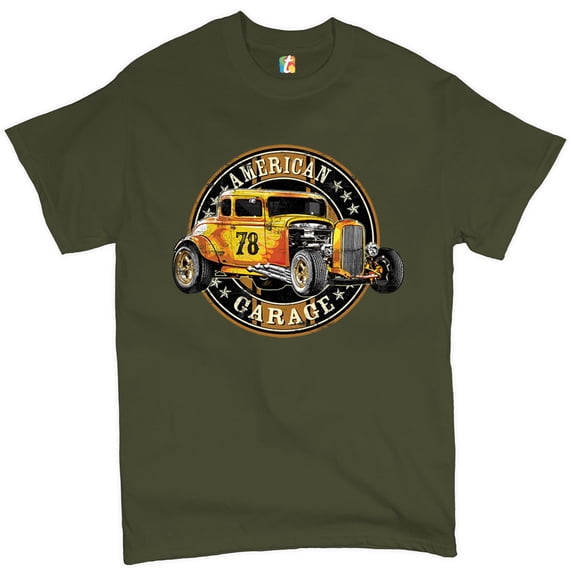 Tee Hunt American Garage T-Shirt Retro Hot Rod Vintage American Muscle Men's Tee, Military Green, 3X-Large