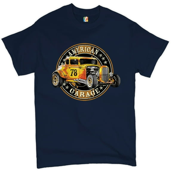 Tee Hunt American Garage T-Shirt Retro Hot Rod Vintage American Muscle Men's Tee, Navy Blue, XX-Large