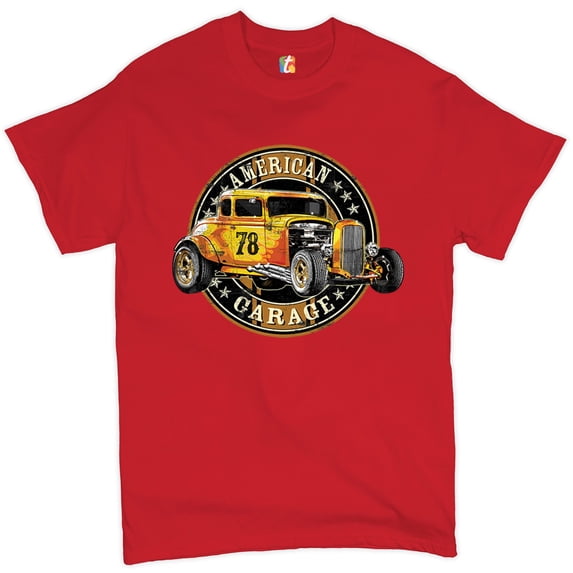 Tee Hunt American Garage T-Shirt Retro Hot Rod Vintage American Muscle Men's Tee, Red, Small
