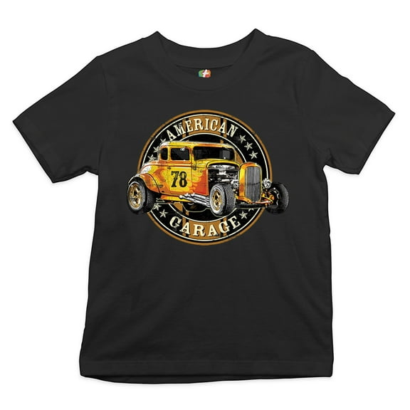 Tee Hunt American Garage Youth T-Shirt Retro Hot Rod Vintage American Muscle Kids, Black, Medium