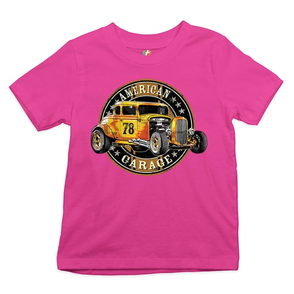 Tee Hunt American Garage Youth T-Shirt Retro Hot Rod Vintage American Muscle Kids, Pink, X-Large