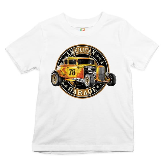 Tee Hunt American Garage Youth T-Shirt Retro Hot Rod Vintage American Muscle Kids, White, Large