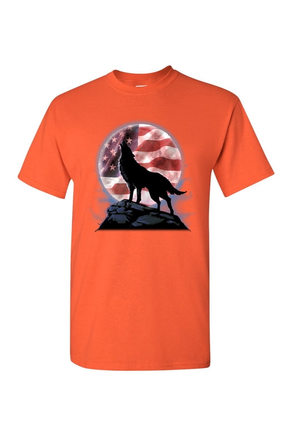 American Howling Wolf T-Shirt Wildlife Animal Wolves Wilderness Mens Shirt, Orange, Medium
