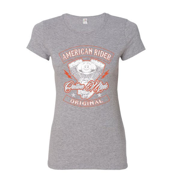 Tee Hunt American Rider Women's T-Shirt Custom Made Motorcycle Route 66, Gray, Medium