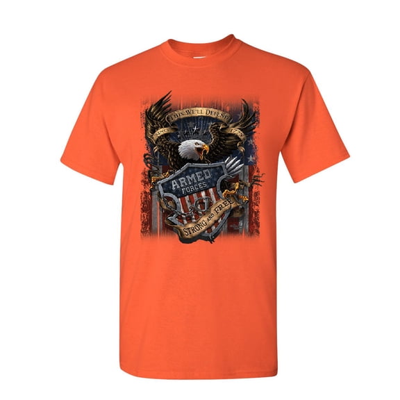 Tee Hunt Armed Forces Bald Eagle T-Shirt Army This We'll Defend US Flag Mens Shirt, Orange, Small