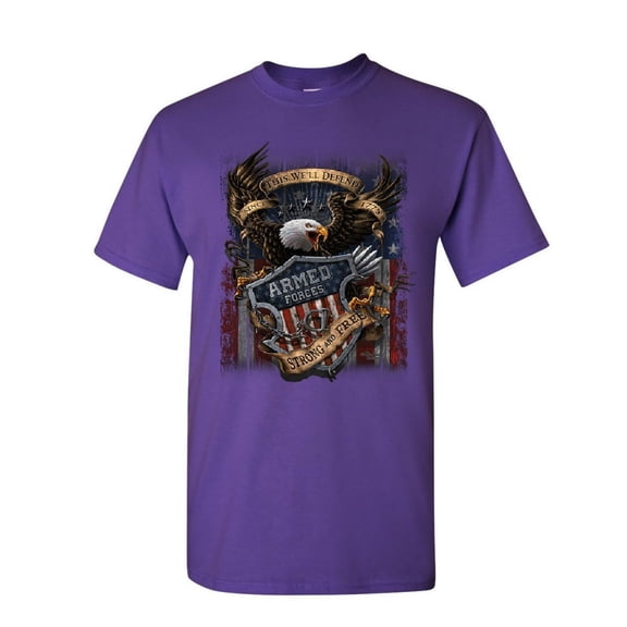 Tee Hunt Armed Forces Bald Eagle T-Shirt Army This We'll Defend US Flag Mens Shirt, Purple, Medium