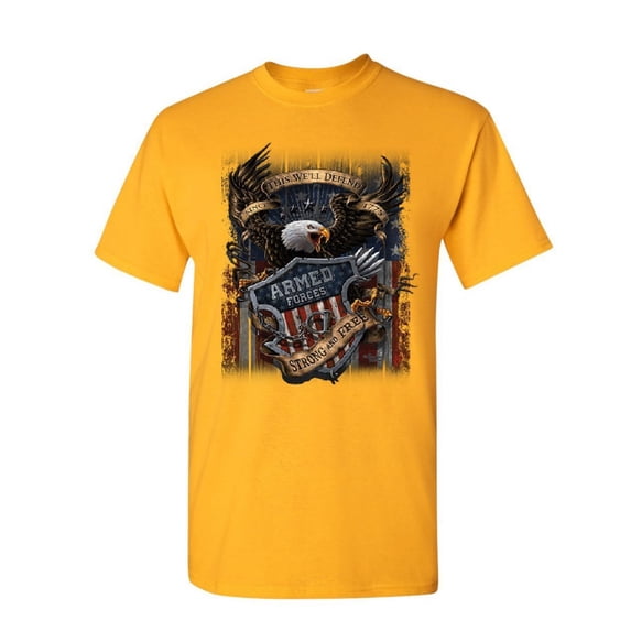 Tee Hunt Armed Forces Bald Eagle T-Shirt Army This We'll Defend US Flag Mens Shirt, Yellow, X-Large
