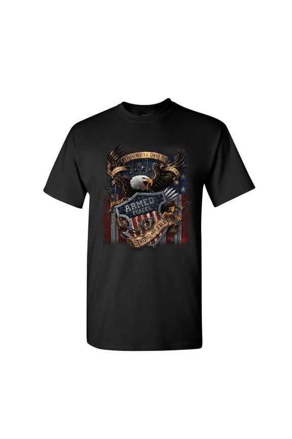 Armed Forces Bald Eagle T-Shirt Army This We'll Defend US Flag Mens Shirt