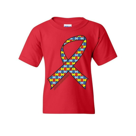Tee Hunt Autism Awareness Ribbon Youth T-Shirt Support Care Love ASD Asperger Kids Tee, Red, Large