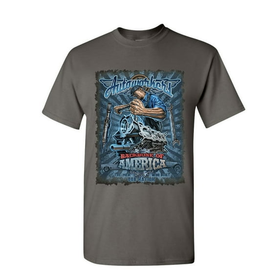 Tee Hunt Autoworkers Backbone of America T-Shirt Car Motor Mechanic Union Mens Shirt, Charcoal, Small