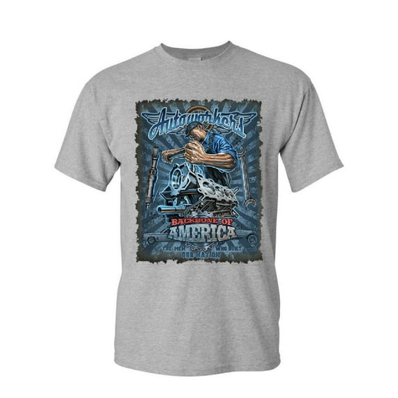 Tee Hunt Autoworkers Backbone of America T-Shirt Car Motor Mechanic Union Mens Shirt, Gray, XX-Large