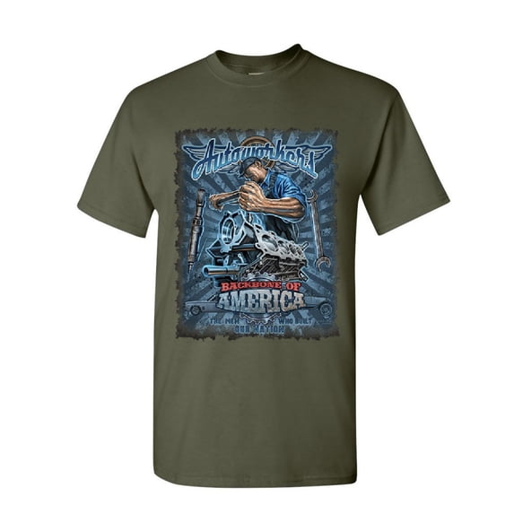 Tee Hunt Autoworkers Backbone of America T-Shirt Car Motor Mechanic Union Mens Shirt, Military Green, XX-Large