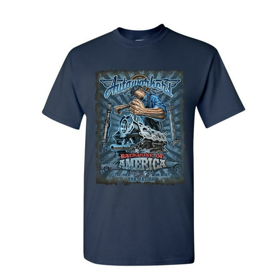 Tee Hunt Autoworkers Backbone of America T-Shirt Car Motor Mechanic Union Mens Shirt, Navy Blue, 4X-Large