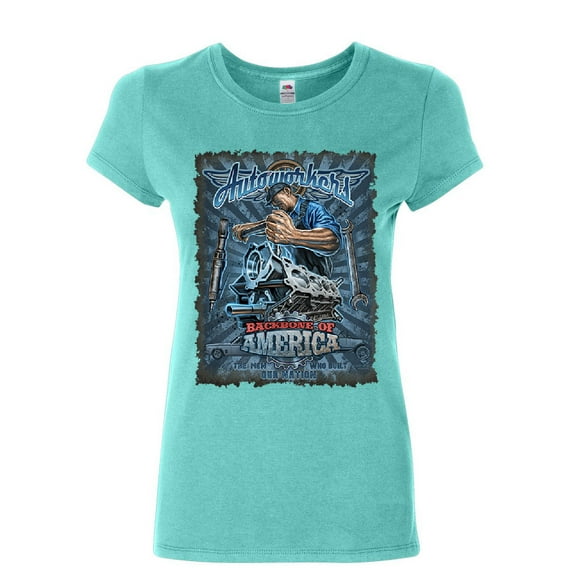Tee Hunt Autoworkers Backbone of America Women's T-Shirt Car Motor Mechanic Union Shirt, Light Blue, Large