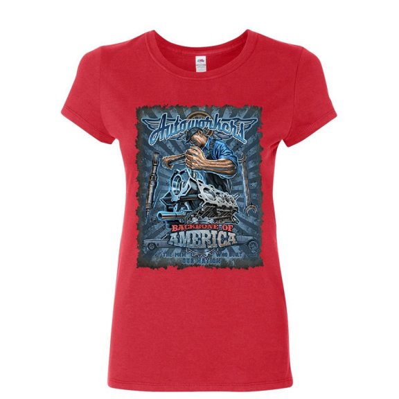 Tee Hunt Autoworkers Backbone of America Women's T-Shirt Car Motor Mechanic Union Shirt, Red, XX-Large