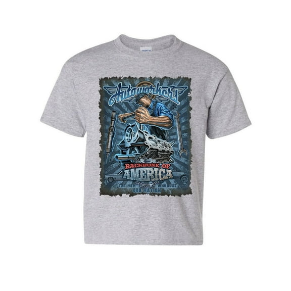 Tee Hunt Autoworkers Backbone of America Youth T-Shirt Car Motor Mechanic Union Kids Tee, Gray, X-Large