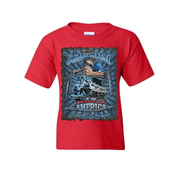 Tee Hunt Autoworkers Backbone of America Youth T-Shirt Car Motor Mechanic Union Kids Tee, Red, Small
