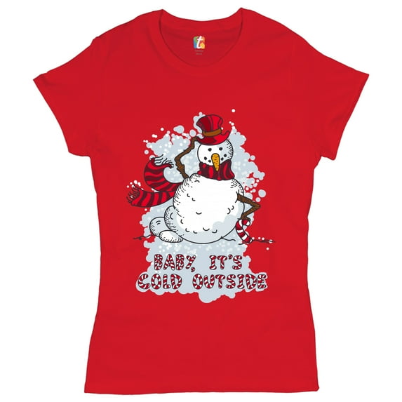Tee Hunt Baby, It's Cold Outside T-Shrit Merry Christmas Snowman Candy Cane Women's T-Shirt Tee, Red, 3X-Large