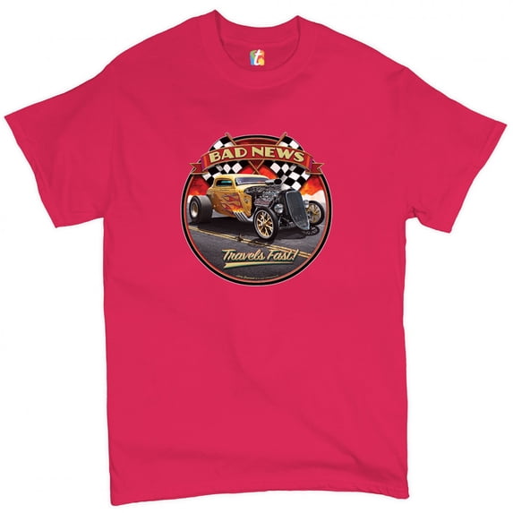 Tee Hunt Bad News Travels Fast T-Shirt Hot Rod Route 66 Drag Racing Men's Novelty Shirt, Hot Pink, Large