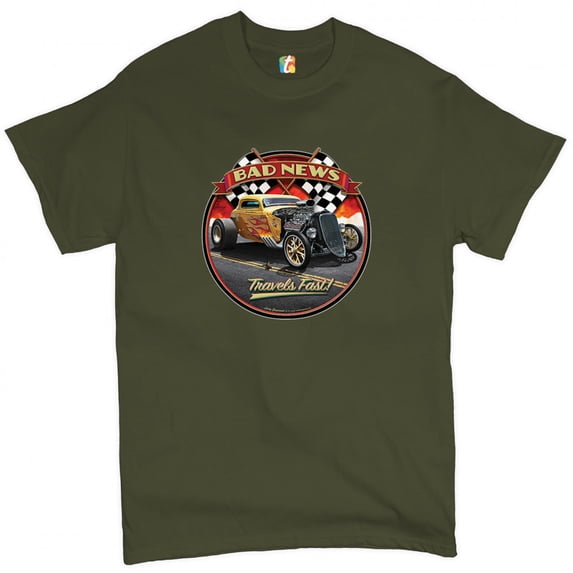 Tee Hunt Bad News Travels Fast T-Shirt Hot Rod Route 66 Drag Racing Men's Novelty Shirt, Military Green, 3X-Large