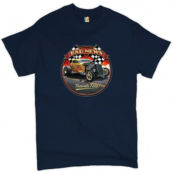 Tee Hunt Bad News Travels Fast T-Shirt Hot Rod Route 66 Drag Racing Men's Novelty Shirt, Navy Blue, Large