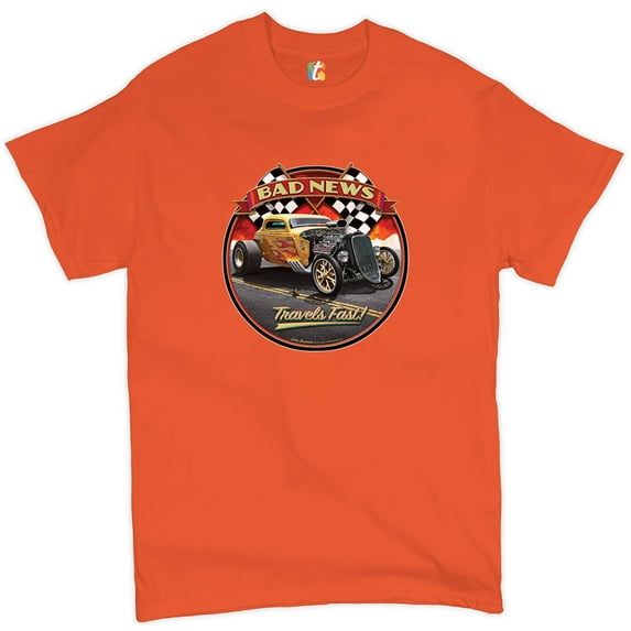 Tee Hunt Bad News Travels Fast T-Shirt Hot Rod Route 66 Drag Racing Men's Novelty Shirt, Orange, Small