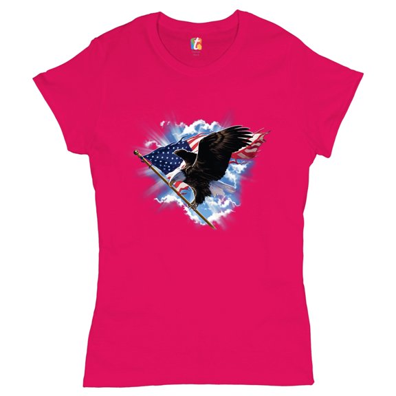 Tee Hunt Bald Eagle Carrying the American Flag T-Shirt 4th of July Patriotic Women's T-Shirt Tee, Pink, X-Large