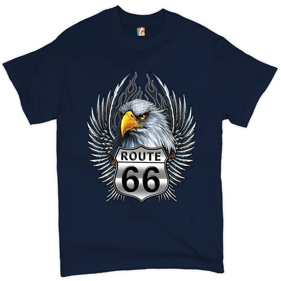Tee Hunt Bald Eagle Route 66 Road Sign T-Shirt Live to Ride Born to Be Wild Men's Tee, Navy Blue, XX-Large