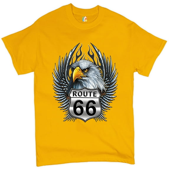 Tee Hunt Bald Eagle Route 66 Road Sign T-Shirt Live to Ride Born to Be Wild Men's Tee, Yellow, 3X-Large